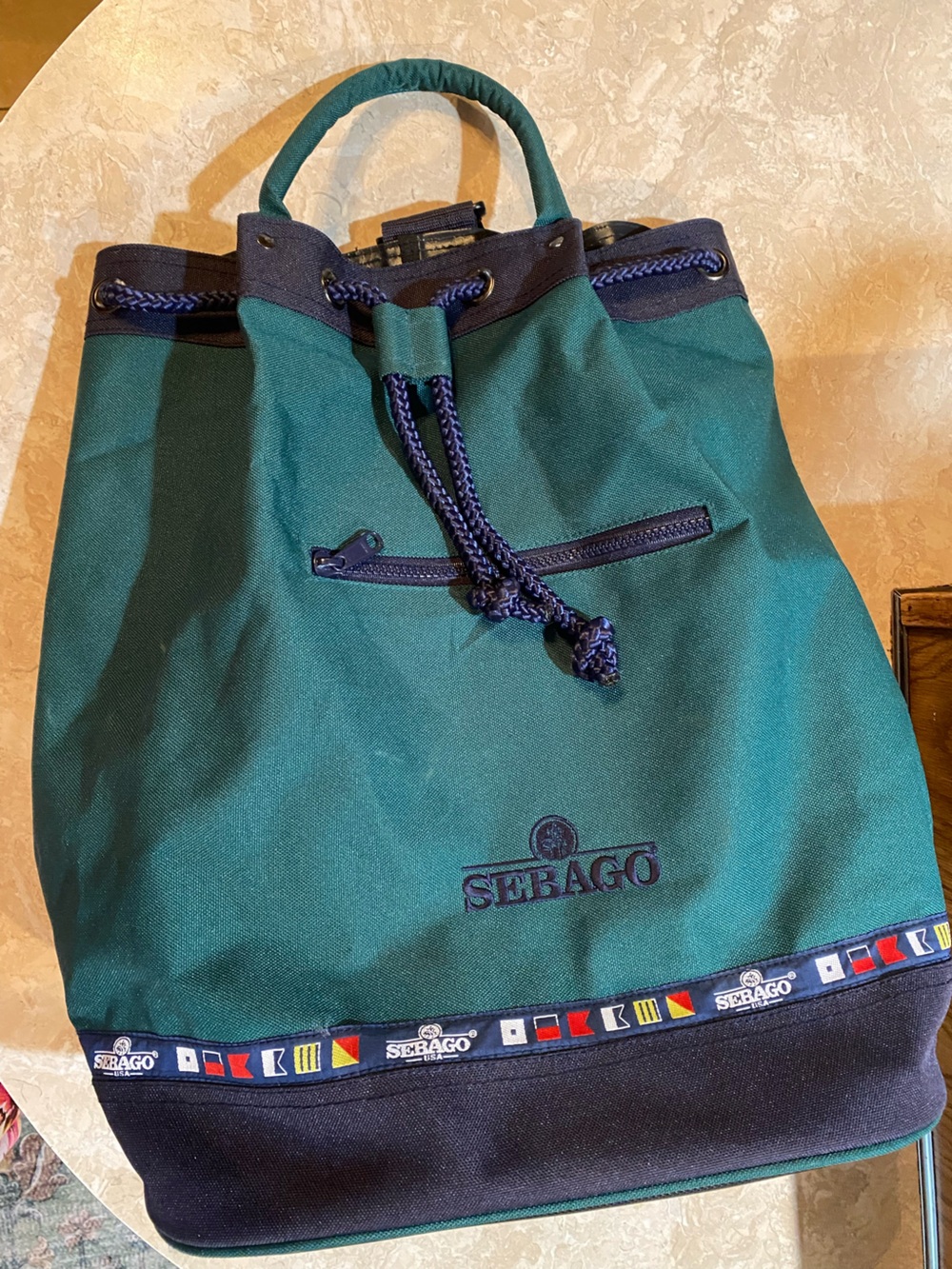 Sebago Green Drawstring Backpack with Navy Trim - Picture 3 of 7